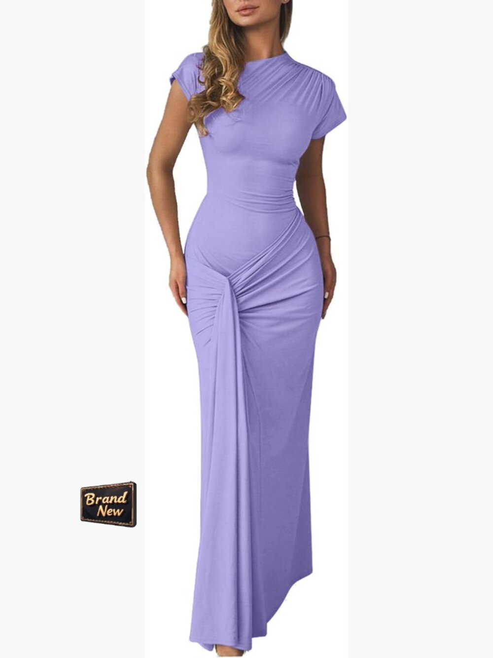 Bodycon Maxi Dress Mock Neck Lace Up Bandage Ruched Short Sleeve Long Dress